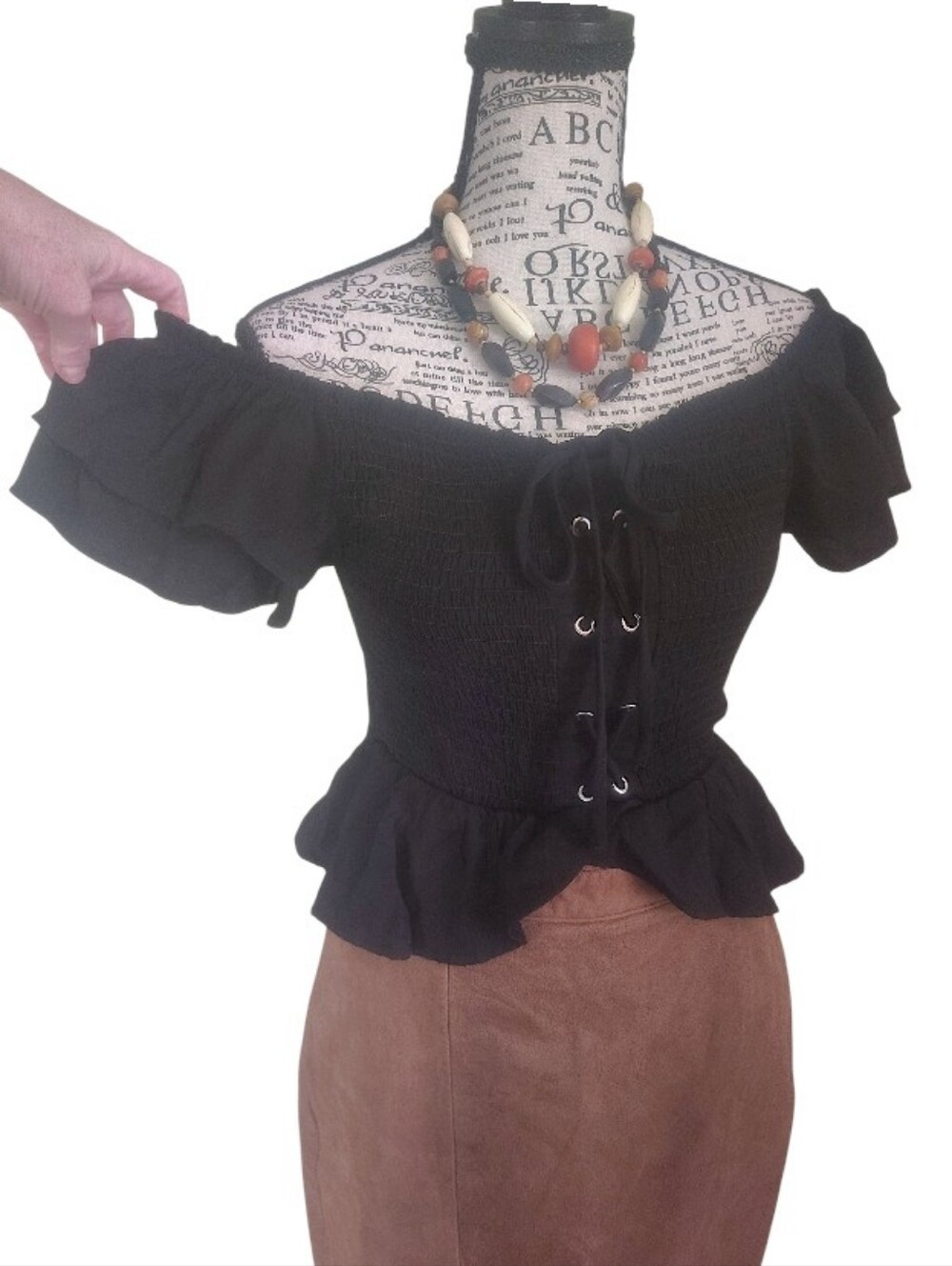 Trendy Js Black Fluttered Off Shoulder  Lace Up Smocked Peplum Crop Top Large